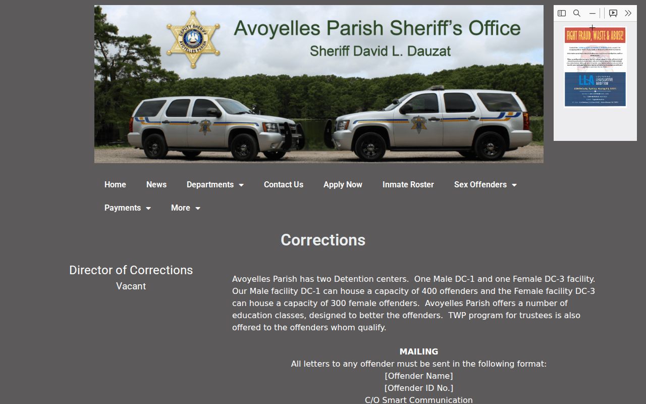 Avoyelles Parish Sheriff's Office corrections page showing detention center locations for Avoyelles County warrant custody status