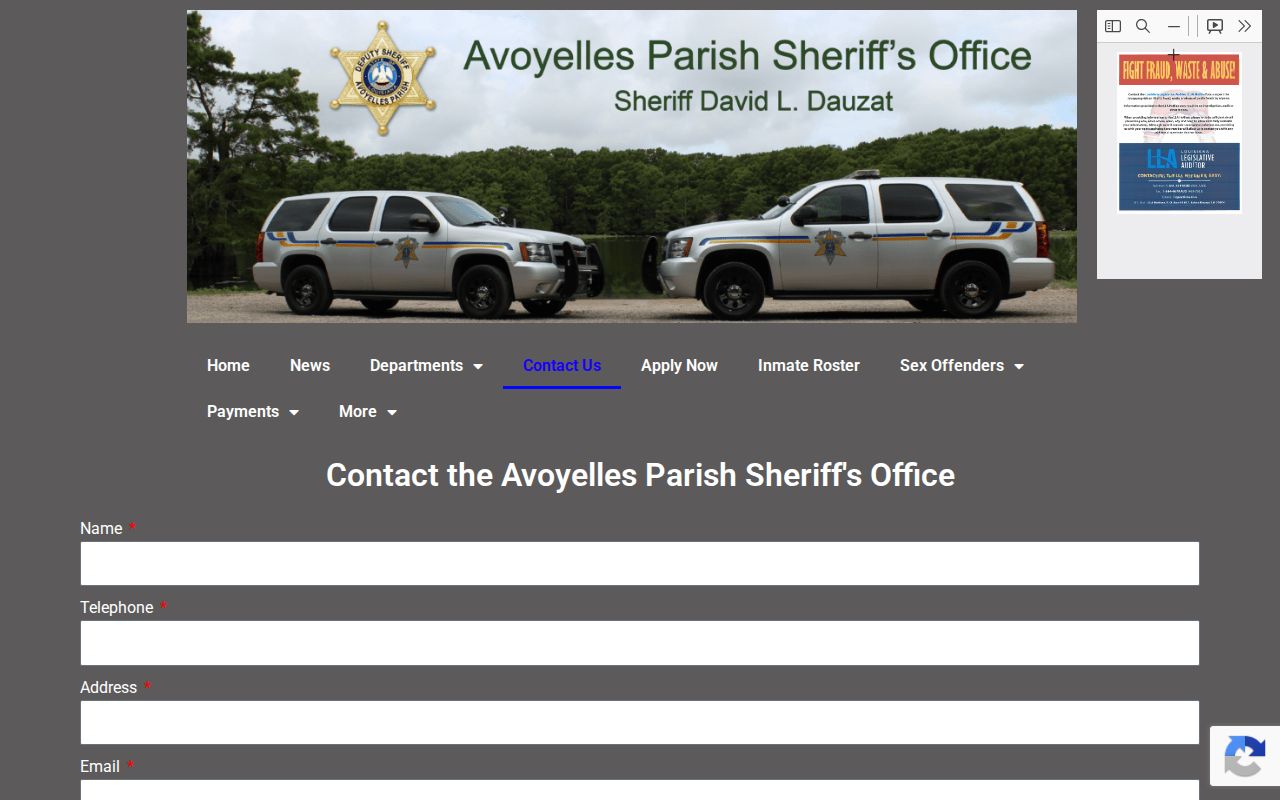 Avoyelles Parish Sheriff's Office general contact page for Avoyelles County active warrant questions