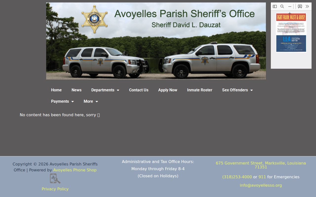 Avoyelles Parish Sheriff's Office Wanted page, with no public warrant roster shown, for Avoyelles County warrant records