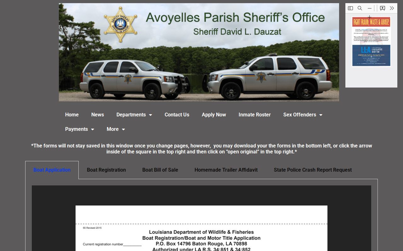 APSO public forms index showing the absence of a traffic-warrant form for Avoyelles County