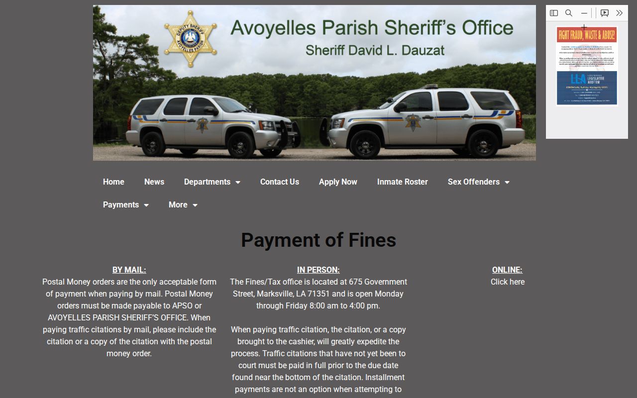 APSO traffic-fine payment instructions for Avoyelles County traffic warrants