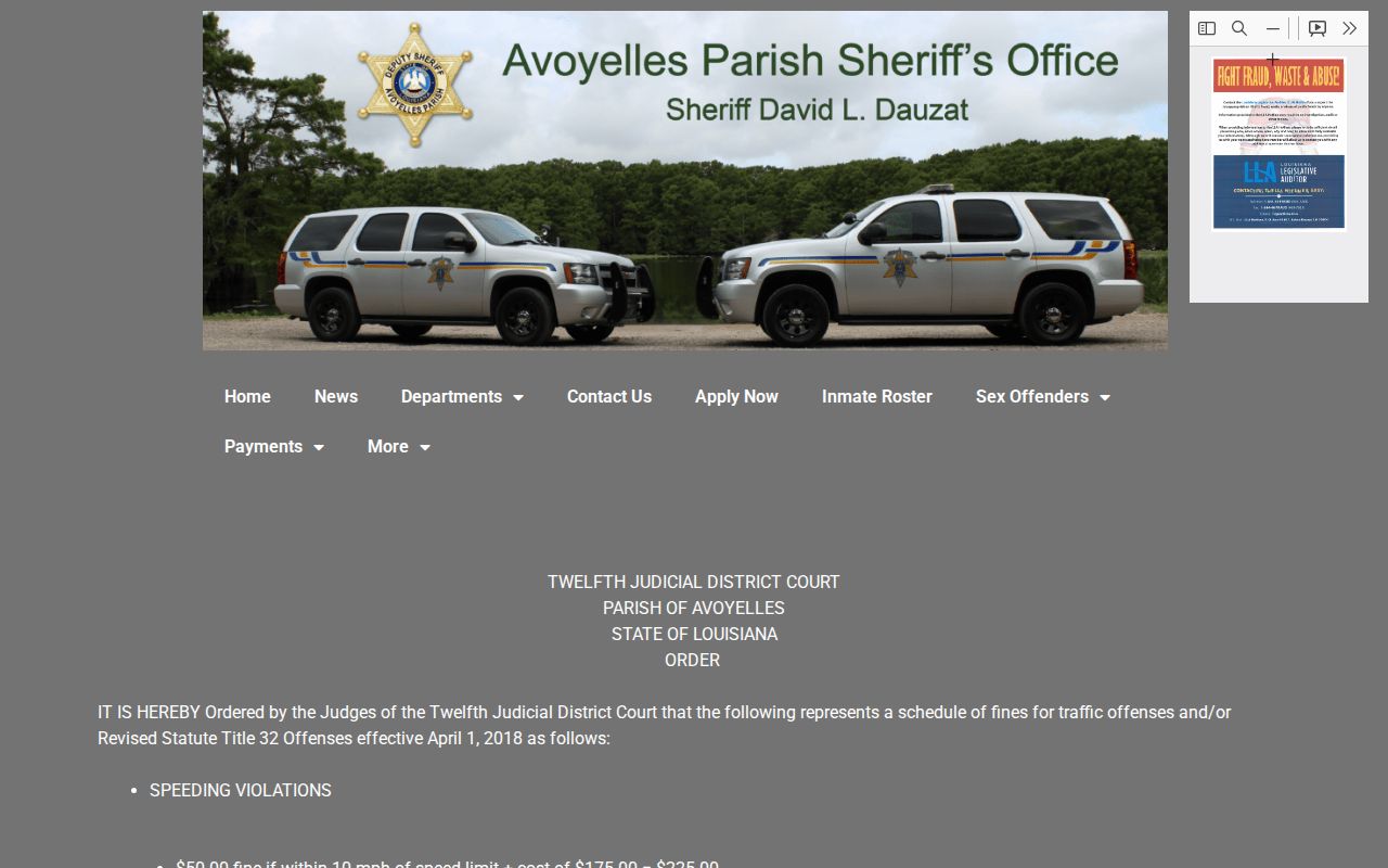12th Judicial District Court traffic-fee schedule relevant to Avoyelles County traffic warrants