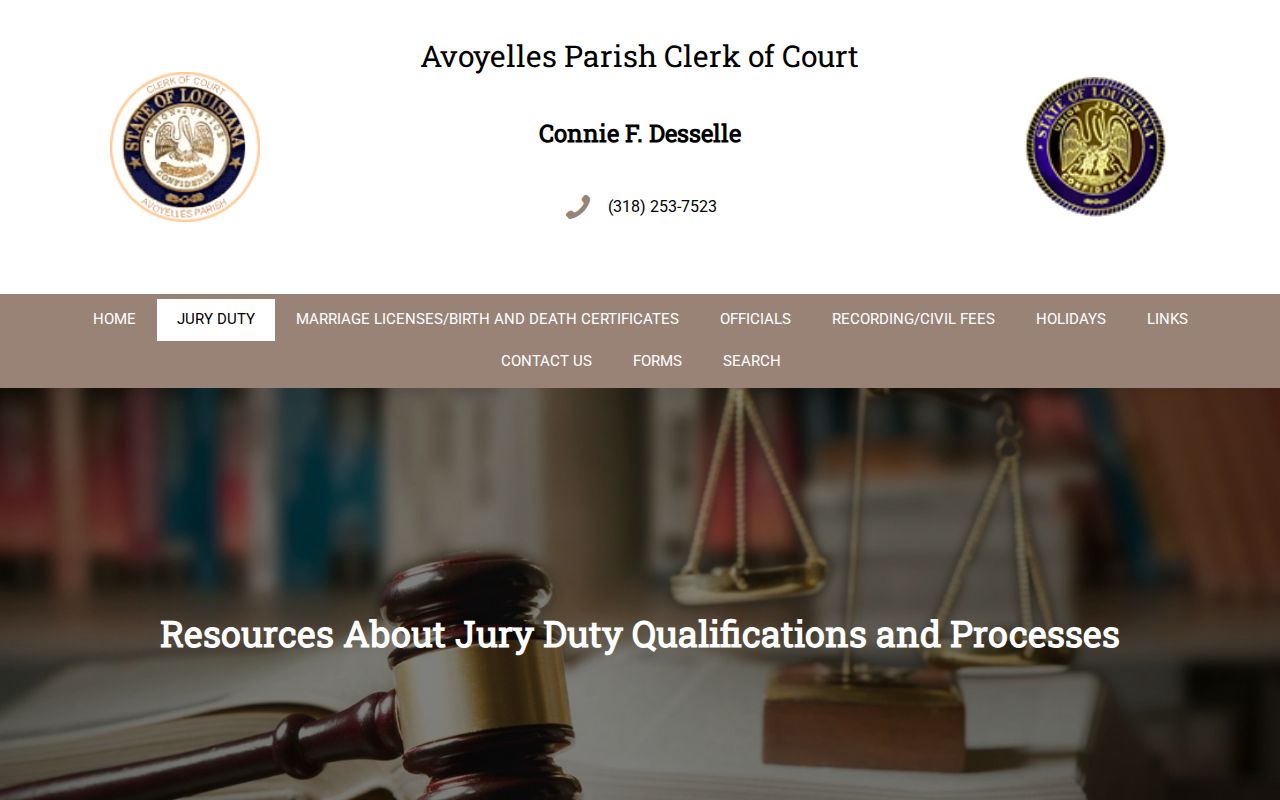 12th Judicial District Court jury page showing officials who handle Avoyelles County bench warrant cases