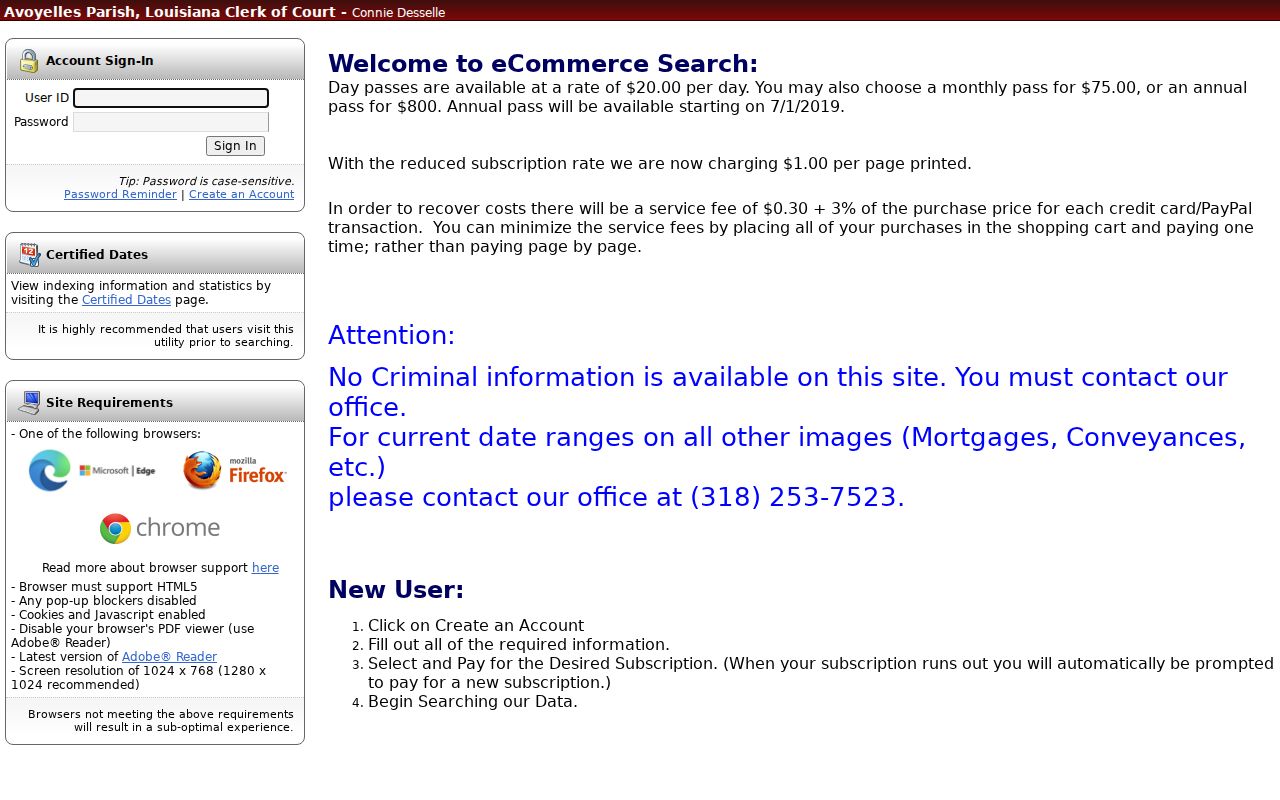 Cott eSearch subscription login screen that does not provide Avoyelles County warrant search results