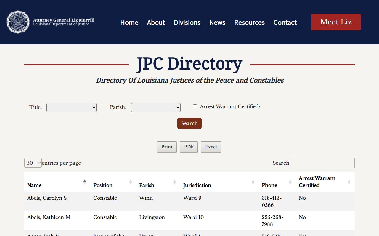 Louisiana Attorney General Justice Court directory with its Arrest Warrant Certified filter for Avoyelles County municipal and ward warrants