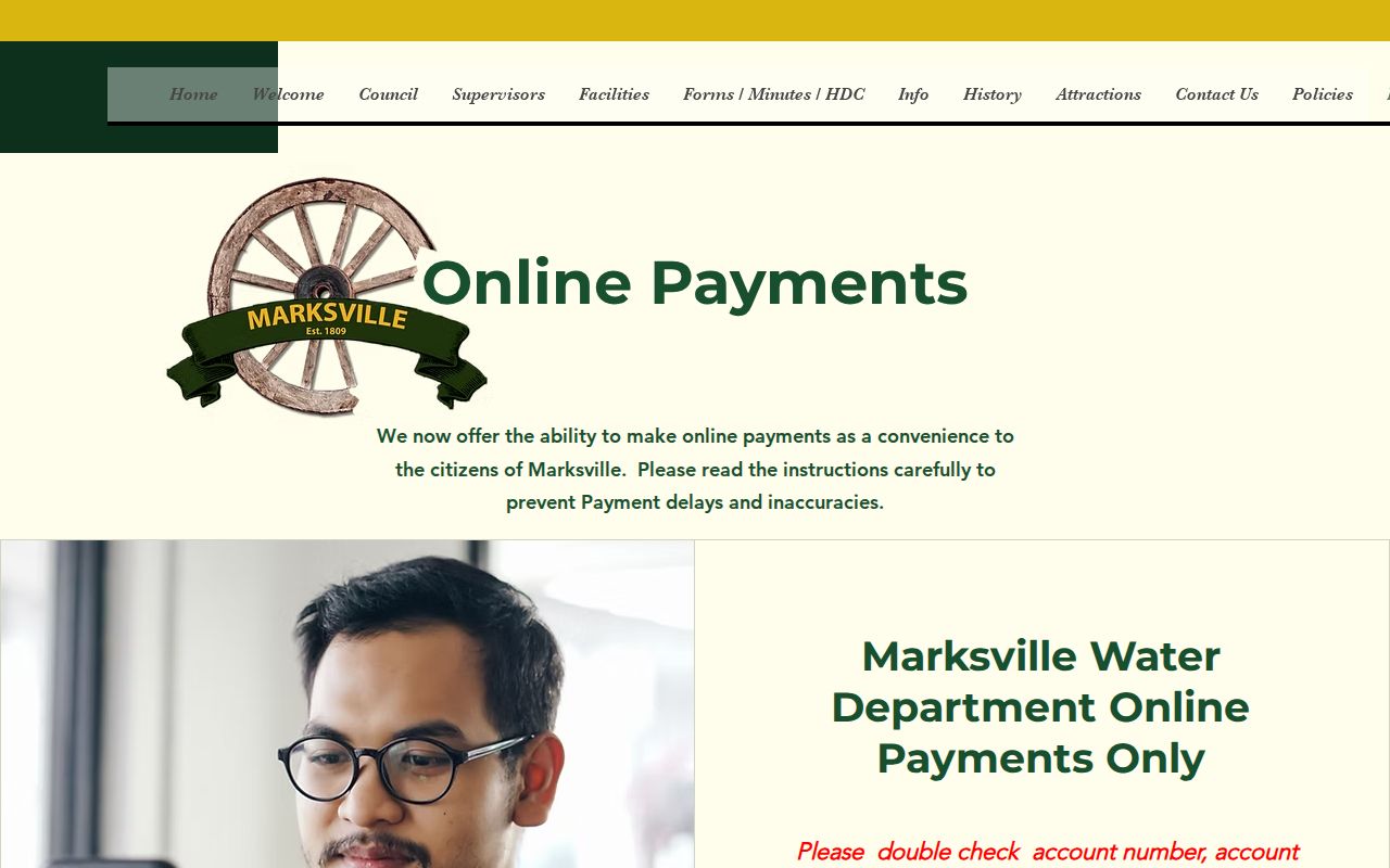 Marksville payment routing instructions for city tickets and Marksville warrant records