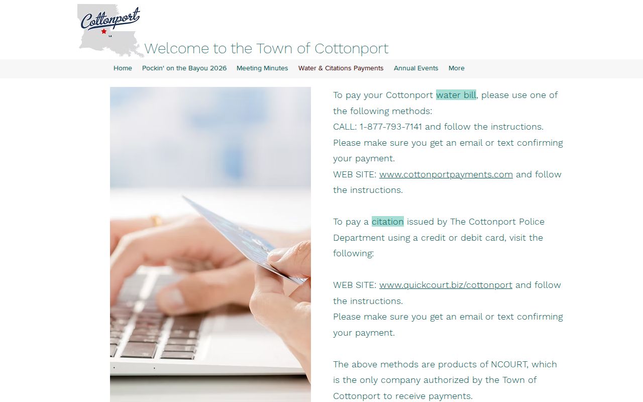 Cottonport citation payment routing instructions for Cottonport warrant records