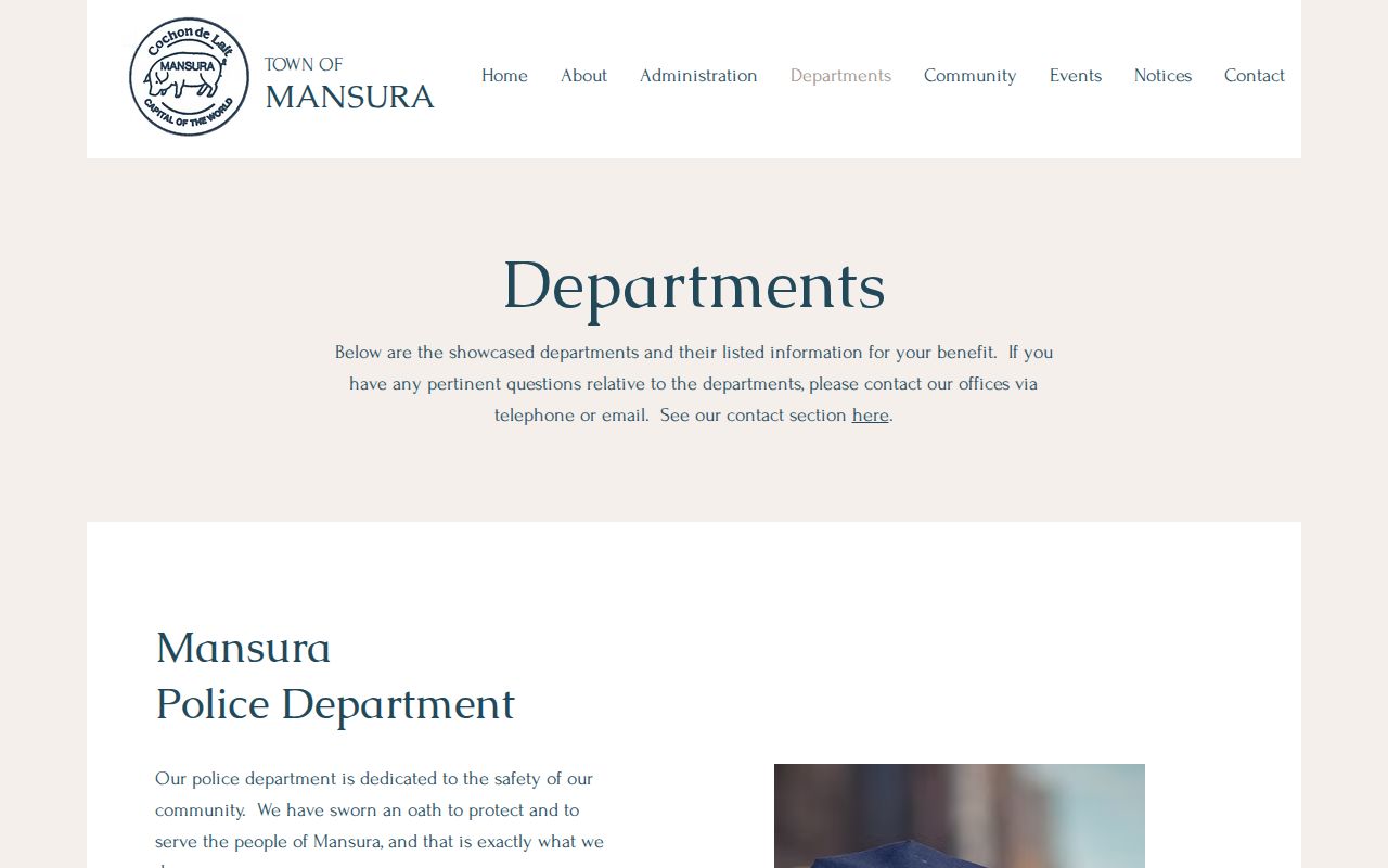 Mansura police department page with no separate warrant line, used for Mansura warrant records