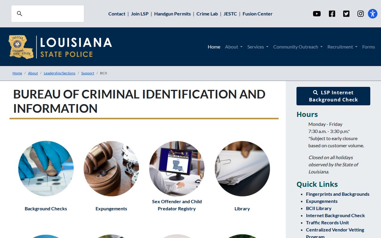 Louisiana State Police criminal history access page explaining why a state check does not confirm Avoyelles County warrant status