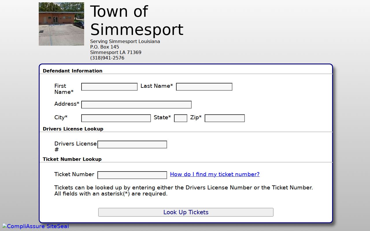 Simmesport citation lookup screen used for Simmesport warrant records and ticket questions