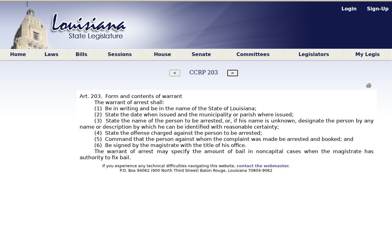 Louisiana written arrest-warrant elements that apply to Avoyelles County arrest warrants