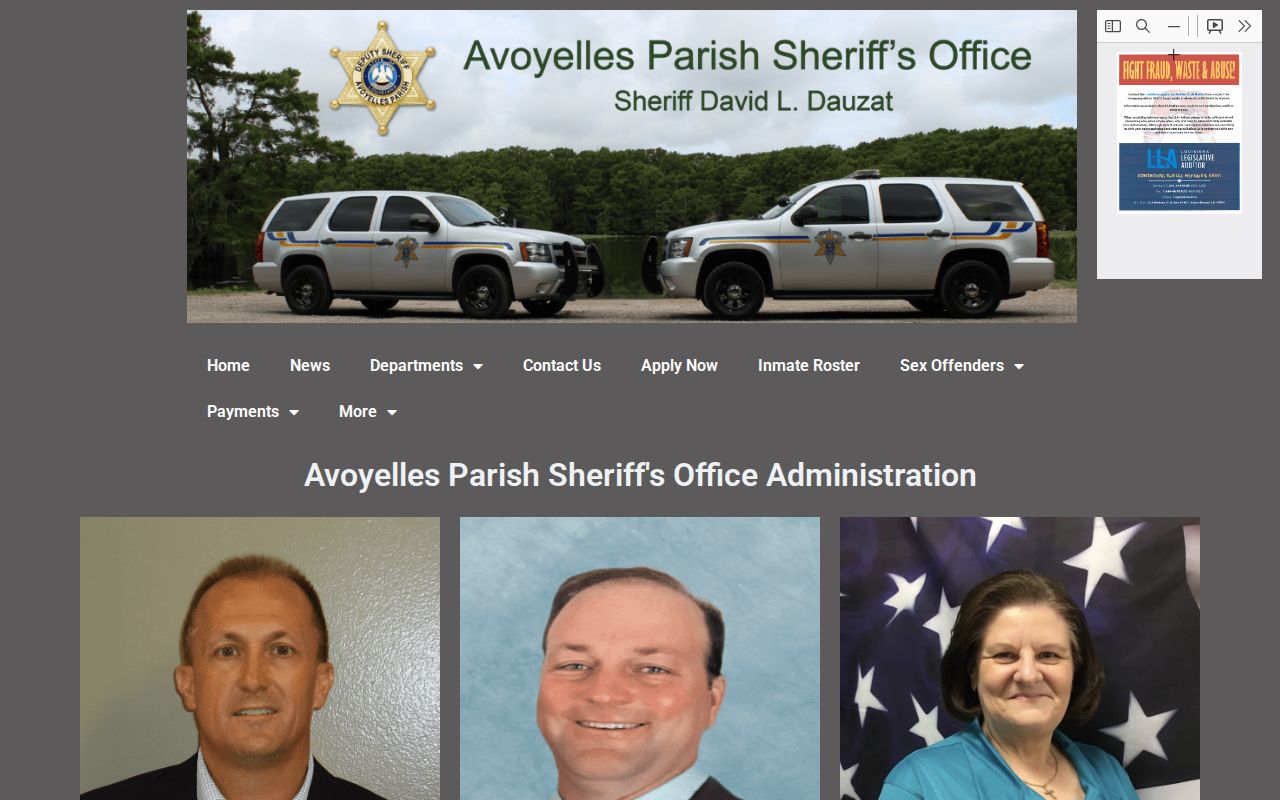 Avoyelles Parish Sheriff's Office administration contact block for Avoyelles County warrant records