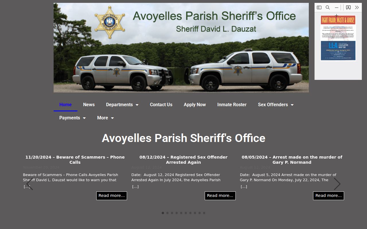 Avoyelles Parish Sheriff's Office home page navigation used to check Avoyelles County warrant records