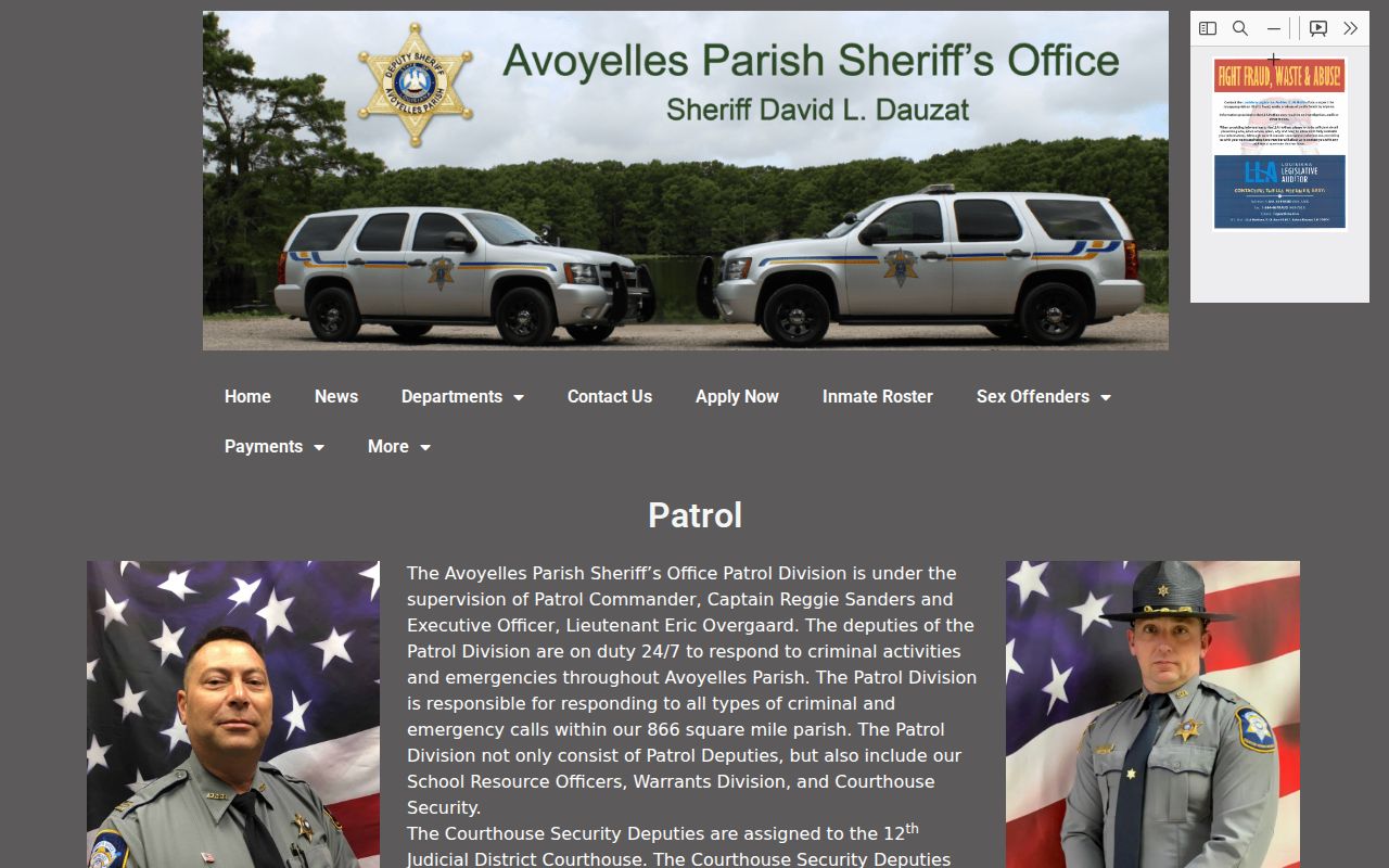 Avoyelles Parish Sheriff's Office Patrol page identifying the Warrants Division and courthouse security for Avoyelles County warrants